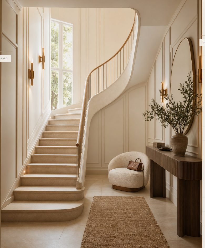 Hall da Casa Serena com escada curva e luz natural