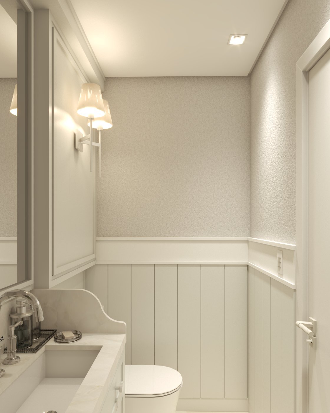Vista do lavabo em direção à porta, com boiserie ripada e arremate iluminado