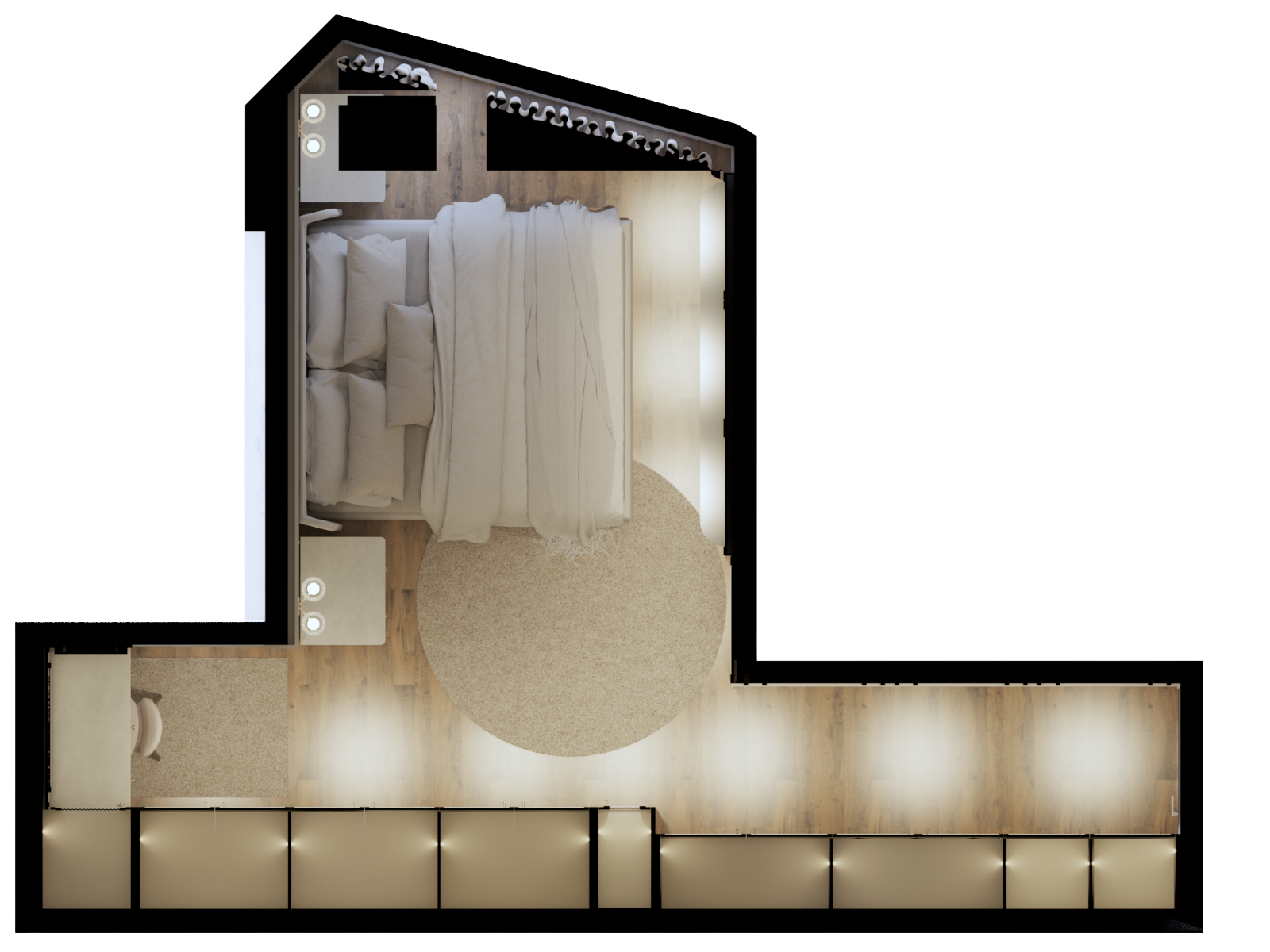 Planta baixa humanizada da suíte do Apartamento Essenza, com o dormitório acima e a faixa de closet abaixo