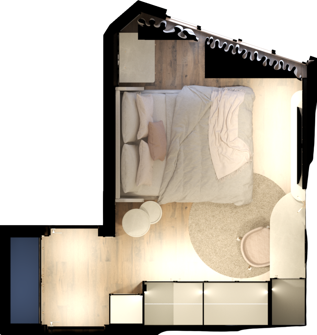 Planta baixa humanizada da suíte II do Apartamento Essenza
