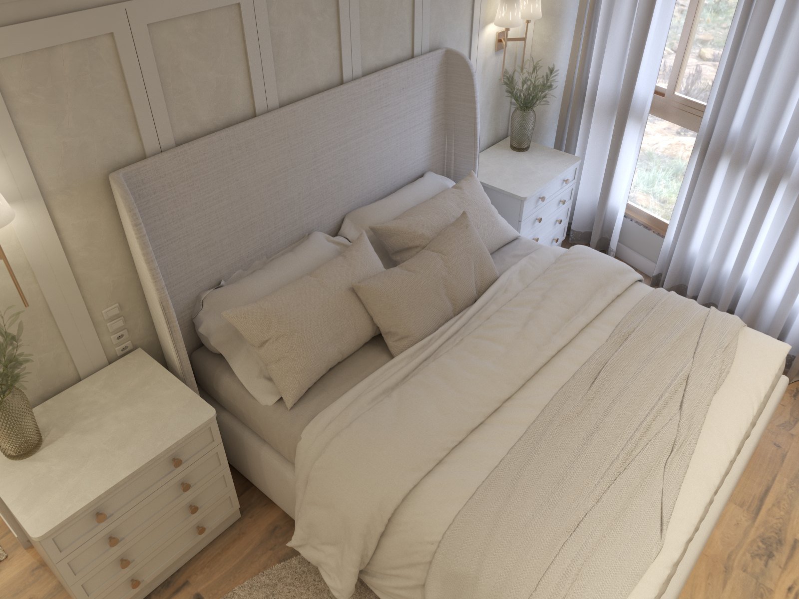 Vista superior da cama em roupa de cama off-white, com criado-mudo e cortinas de linho junto à janela